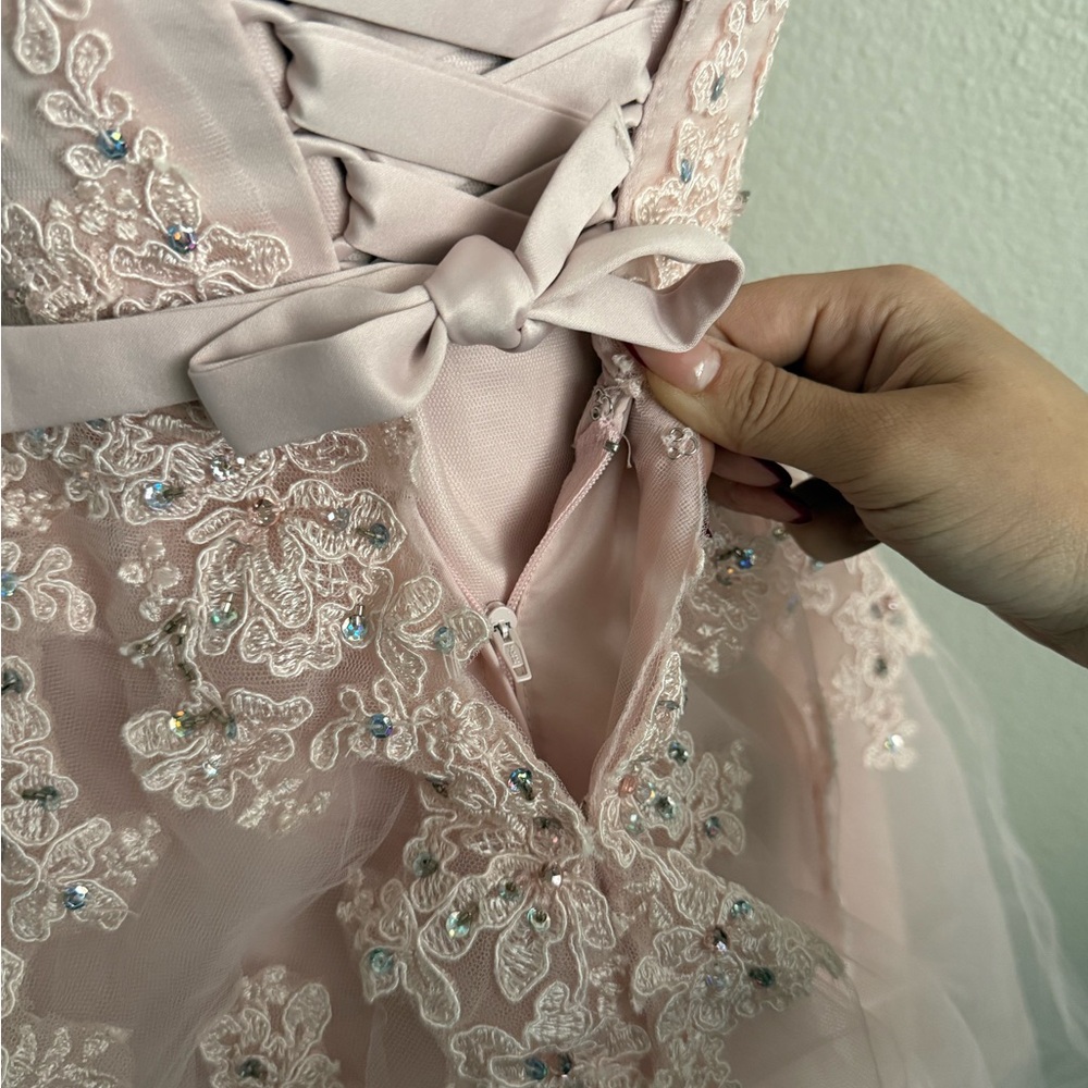 Morilee Blush Pink Lace Tulle formal prom Dress - Size 00 - Beaded Mini - Picture 5 of 8